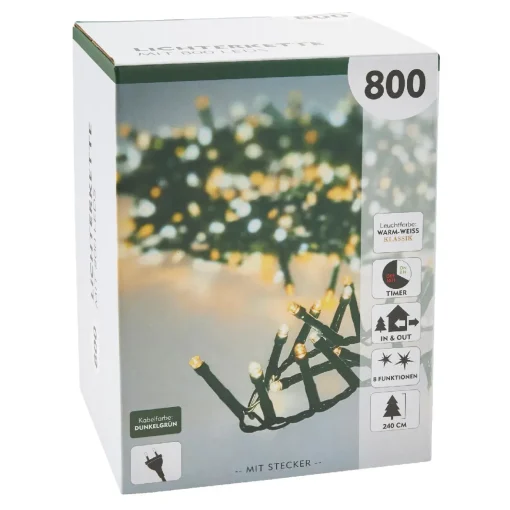 LED-Lichterkette, 8 Funktionen, Warm-weiß, 800 LED